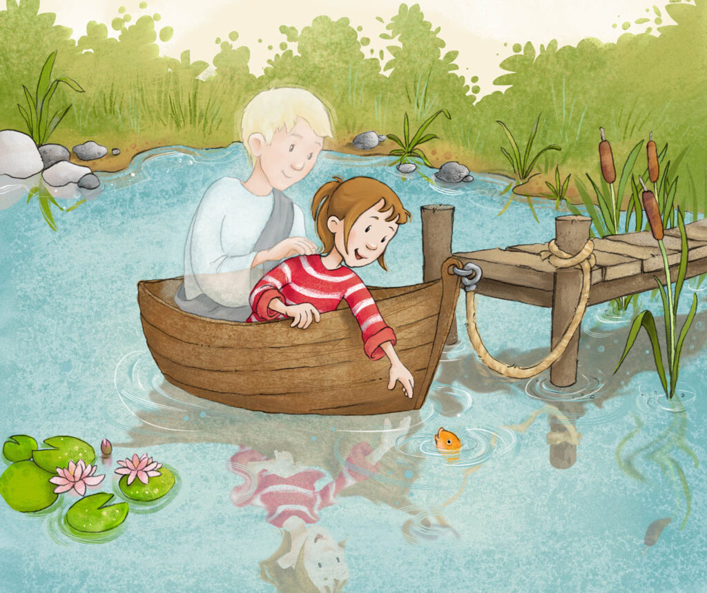 Engel mit Kind im Boot